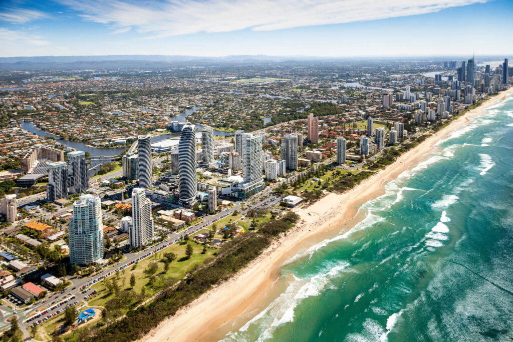 Breathtaking aerial view of the Gold Coast, showcasing its vibrant cityscape, beaches, and skyline
