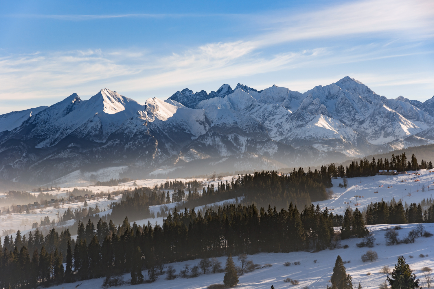 Malownicza panorama Tatr i wsi Zakopane w Polsce.