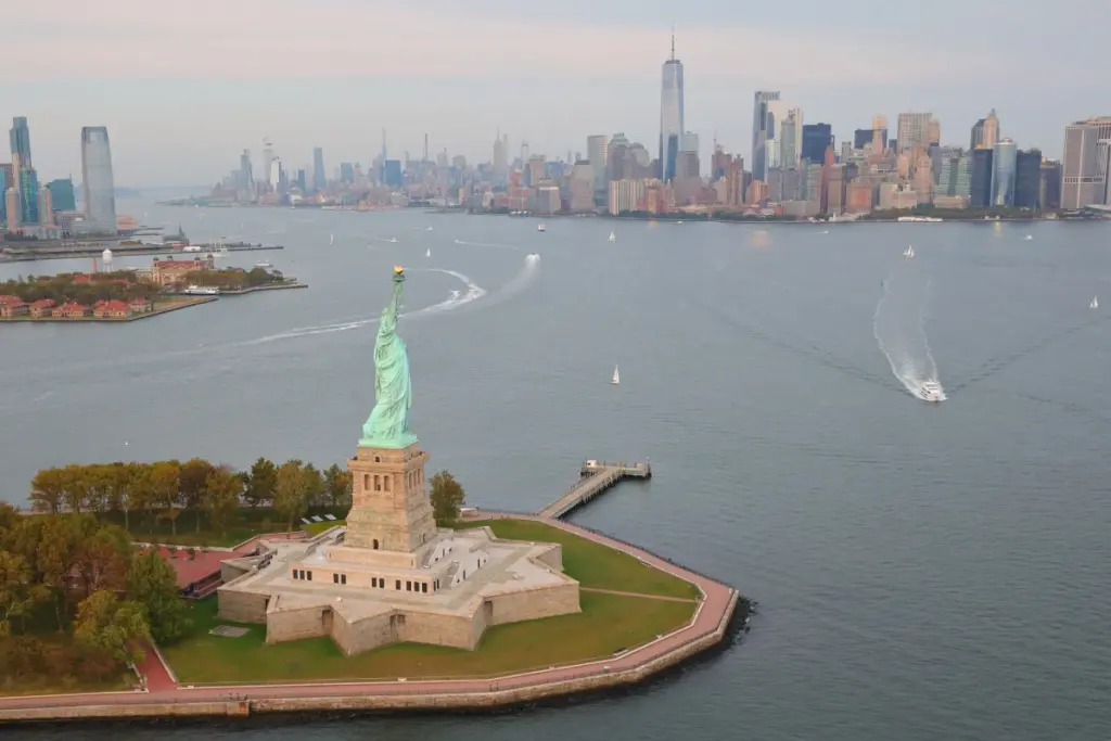 Drone aerial view of Statue of Liberty