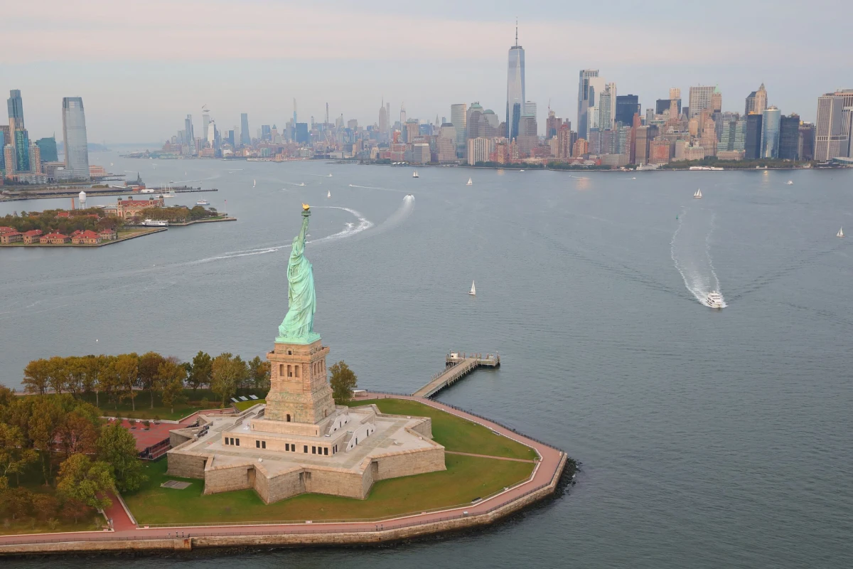 Drone aerial view of Statue of Liberty