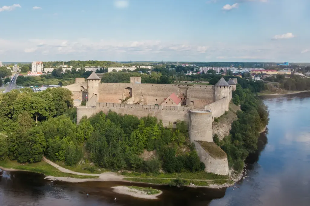 aerial view of the Ivangorod Fortress, a medieval castle in Ivangorod, Leningrad Oblast, Russia