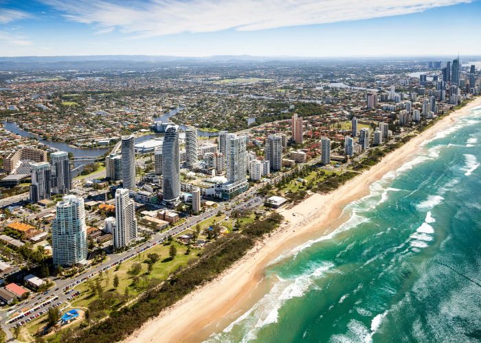 Breathtaking aerial view of the Gold Coast, showcasing its vibrant cityscape, beaches, and skyline