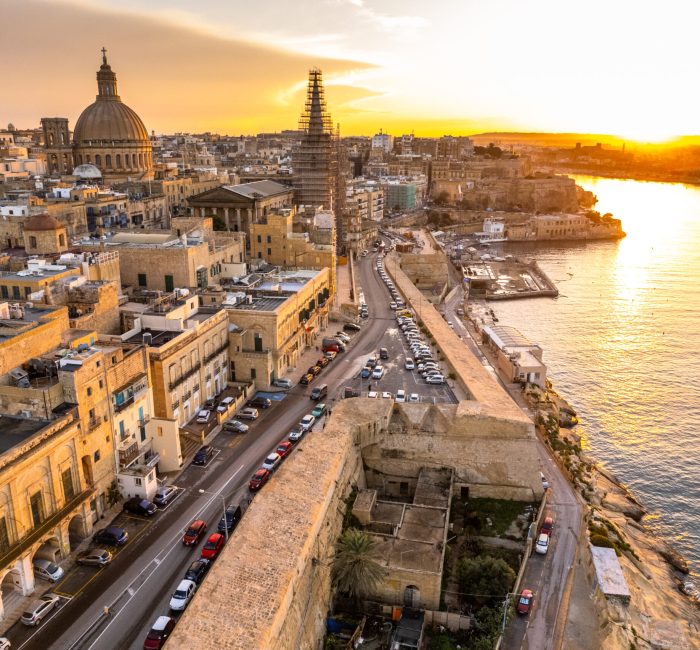 Aerial drone skyline of Valletta at sunset, Malta Aerial drone skyline of Valletta at sunset, Malta.