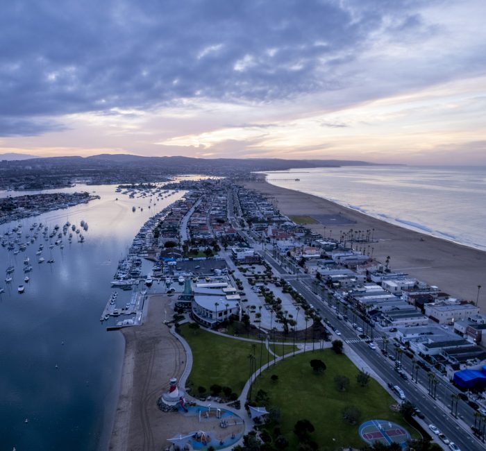 Aerial view of Newport Beach in California during sunset An aerial view of Newport Beach in California during sunset