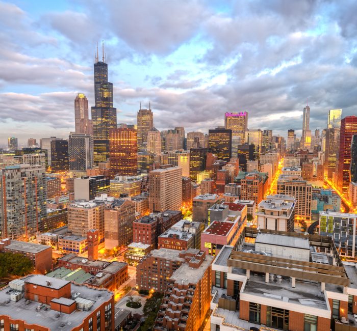 Chicago, Illinois, USA Downtown Skyline from Above Chicago, Illinois, USA downtown skyline from above at dusk.