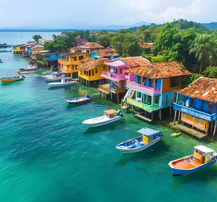 colorful-waterfront-buildings-boats-bastimentos-island-bocas-del-toro-aerial-view-isolated colorful-waterfront-buildings-boats-bastimentos-island-bocas-del-toro-aerial-view-isolated