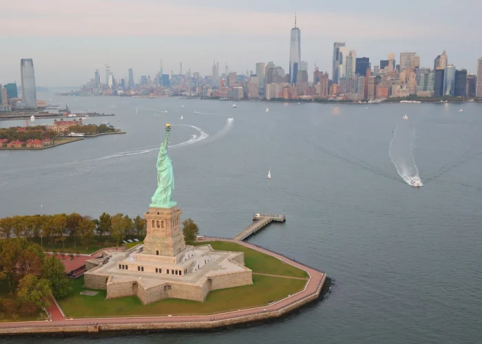 Drone aerial view of Statue of Liberty