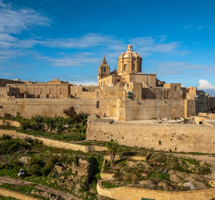 Mdina Silent City Cathedral in Malta. Aerial Drone view Mdina Silent City Cathedral in Malta. Aerial Drone view.