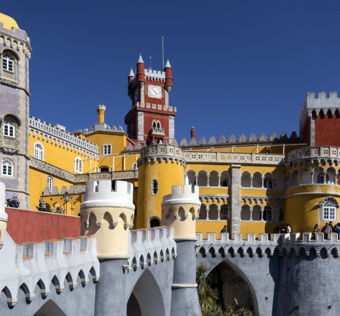 Pena National Palace – Sintra near Lisbon – Portugal The Pena National Palace at Sintra near Lisbon in Portugal. Originally built on the Monastery of Nossa Senhora da Pena, and renovated extensively through the initiative of Ferdinand II of Portugal. A UNESCO World Heritage Site.