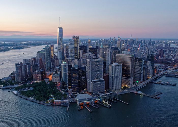 The skyline of Lower Manhattan in the evening. New York City, United States.