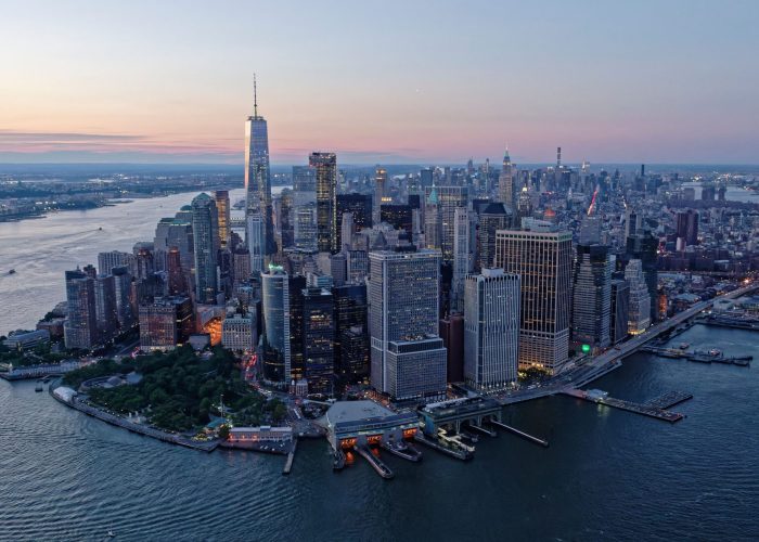 The skyline of Lower Manhattan in the evening. New York City, United States.