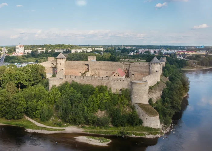 aerial view of the Ivangorod Fortress, a medieval castle in Ivangorod, Leningrad Oblast, Russia